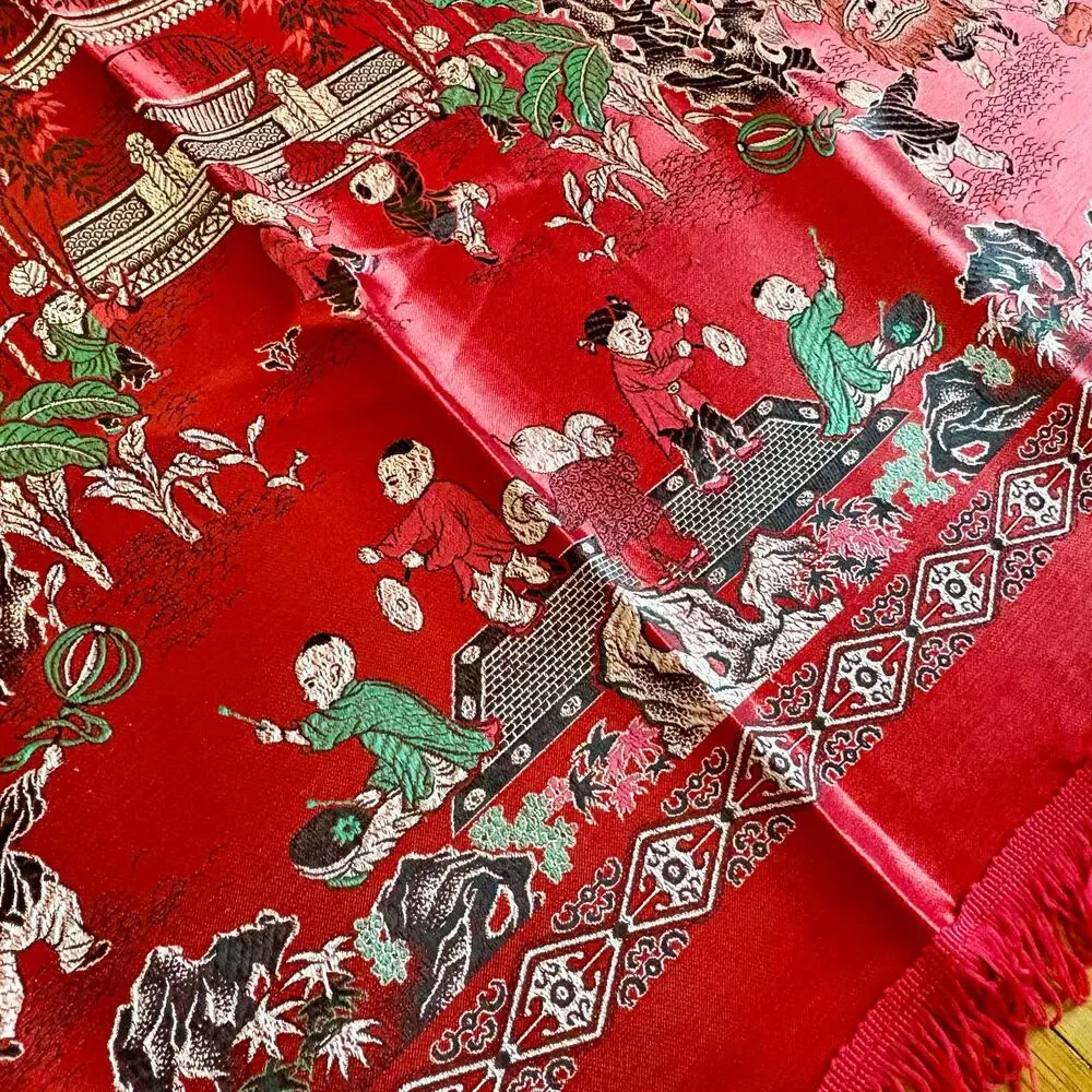Vintage Chinese Scenic Fringed Tablecloth 74x55 Red Satin Brocade Shawl Tapestry